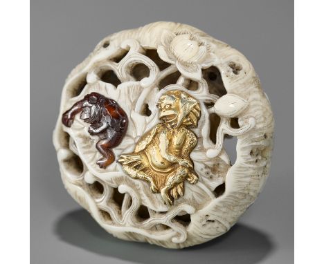 FUKU: A SUPERB GOLD-INLAID RYUSA MANJU NETSUKE DEPICTING KAPPA AND LOTUSSigned Fuku 福Japan, Tokyo, Asakusa district, late 19t