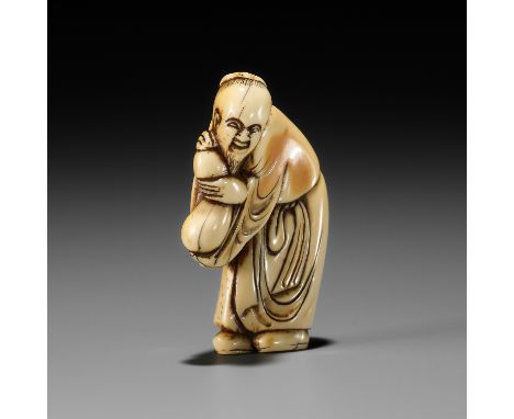 AN EARLY IVORY NETSUKE OF A CHINESE IMMORTAL WITH A GOURDUnsignedJapan, first half of 18th century, Edo period (1615-1868)Fin