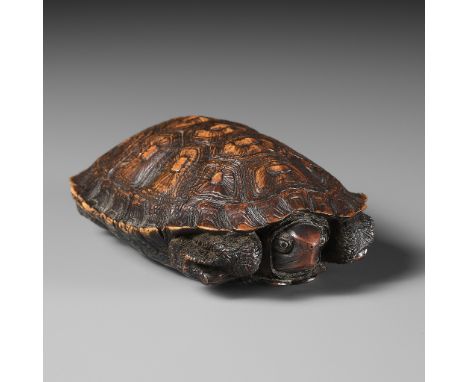 HIDARI ISSAN: A SUPERB THREE-CASE WOOD INRO OF A TORTOISEBy Hidari Issan, signed Hidari Issan 左一山Japan, Iwashiro province, ea