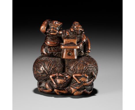 KAZUNORI: A LARGE WOOD NETSUKE OF DAIKOKU AND EBISU AT SETSUBUNBy Kazunori, signed Kazunori 一則Japan, 18th century, Edo period