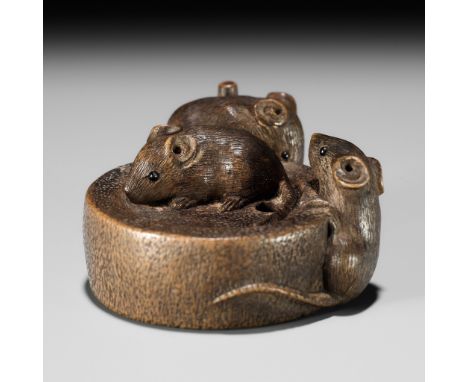 SHUZAN: A WOOD NETSUKE OF RATS ON A CHAUSU TEA MILLBy Shuzan, signed Shuzan 周山Japan, 19th centuryFinely carved and stained to