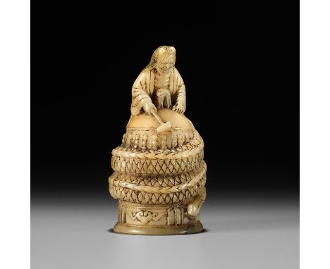 A RARE MARINE TOOTH NETSUKE OF KIYOHIMEUnsignedJapan, Osaka, late 18th century, Edo period (1615-1868)Finely carved and stain