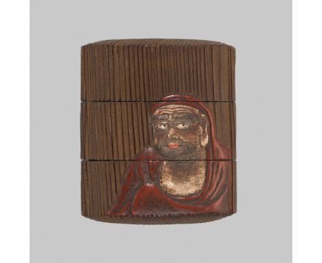 KAN: A CERAMIC AND LACQUER-INLAID WOOD TWO-CASE INRO WITH DARUMABy Ogawa Haritsu (Ritsuo, 1663-1747) or a follower, signed wi