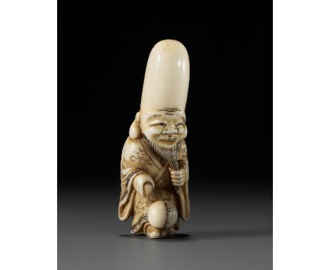 AN OSAKA SCHOOL IVORY NETSUKE OF FUKUROKUJU PLAYING KEMARIUnsignedJapan, Osaka, first half of 19th century, Edo period (1615-