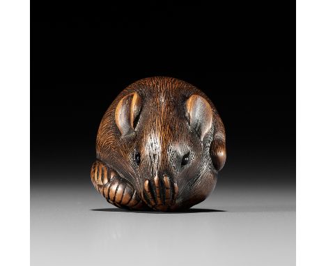 A FINE WOOD NETSUKE OF A COILED RATUnsignedJapan, 19th century, Edo period (1615-1868)An ideally compact and finely carved wo