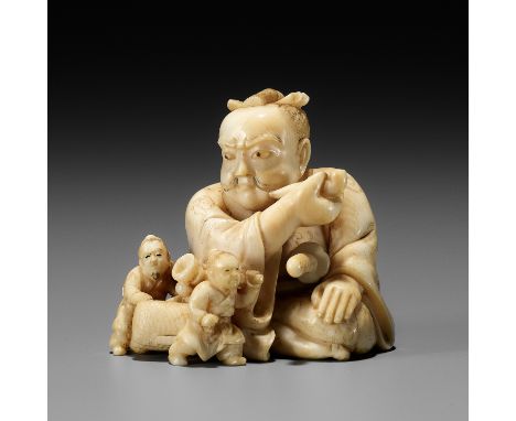 IKKOSAI: A VERY RARE IVORY NETSUKE OF WASOBEI IN THE LAND OF LILLIPUTBy 'Saru' Ikkosai, signed Ikkosai 一光齋Japan, Tokyo, late 