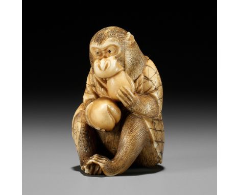 TSUNEKAZU: AN IVORY NETSUKE OF A MONKEY EATING A PEACHBy Tsunekazu, signed Tsunekazu 常一Japan, Tokyo, second half of the 19th 