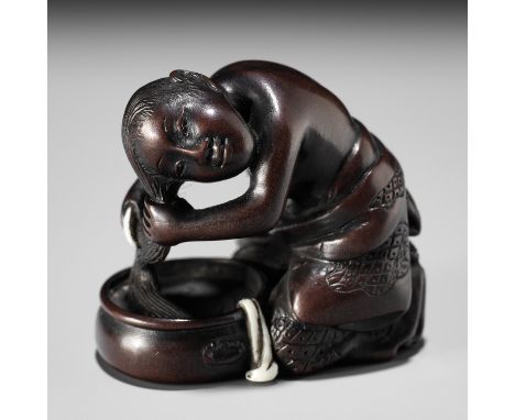 MIWA: A FINE INLAID WOOD NETSUKE OF A WOMAN WASHING HER HAIRBy Miwa, signed Miwa 三輪Japan, Edo (Tokyo), early 19th century, Ed