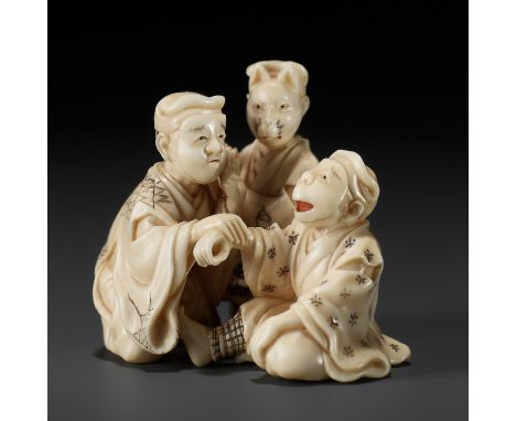 MORITA SOKO: A FINE IVORY NETSUKE DEPICTING THREE ACTORSBy Morita Soko (1879-1942), signed Soko 藻己 to 刀Japan, Tokyo, early 20