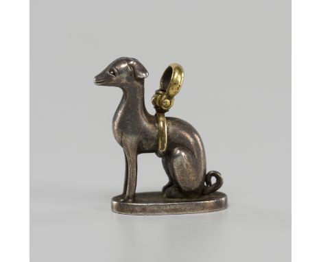 A RARE MINIATURE SILVER AND GOLD SEAL DEPICTING A EUROPEAN HOUNDJapan, 19th centuryThe silver seal with a finial in the form 