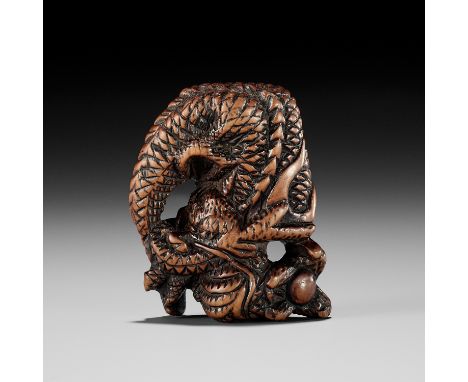 A POWERFUL WOOD NETSUKE OF A COILED DRAGONUnsignedJapan, late 18th century, Edo period (1615-1868)Finely carved and pierced a