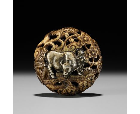 A METAL-INLAID ANTLER RYUSA MANJU NETSUKE REFERENCING THE TEN OX HERDING PICTURESUnsignedJapan, Tokyo, Asakusa district, seco