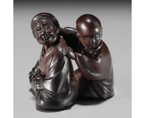 MIWA: A FINE WOOD NETSUKE OF A BLIND MASSEUR AND CLIENTBy Miwa, signed Miwa 三輪 with 'seal' kakihanJapan, Edo (Tokyo), c. 1800