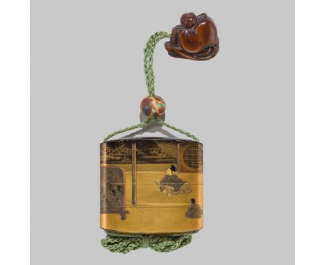 INAGAWA SENRYU: A FINE TOGIDASHI LACQUER THREE-CASE INRO DEPICTING A SCENE FROM THE TALE OF GENJIBy Inagawa Senryu, signed Se