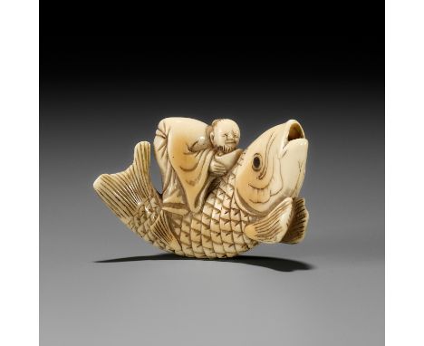 YOSHITSUGU: AN EARLY IVORY NETSUKE OF KINKO SENNIN ON A CARPBy Yoshitsugu, signed Yoshitsugu 吉次Japan, Kyoto, second half of 1
