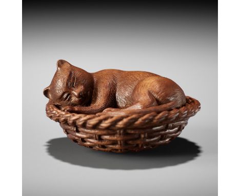 VADYM PYVOVAR: CAT IN A BASKETBy Vadym Pyvovar, signed with the artist's initialsUkraine, 2023The netsuke finely carved in bo