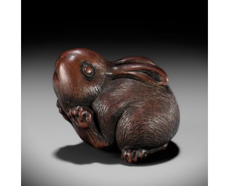 AZAN: A SUPERB WOOD NETSUKE OF A CHUBBY HAREBy Azan, signed Azan 亜山Japan, Nagoya, 19th century, Edo period (1615-1868)Charmin