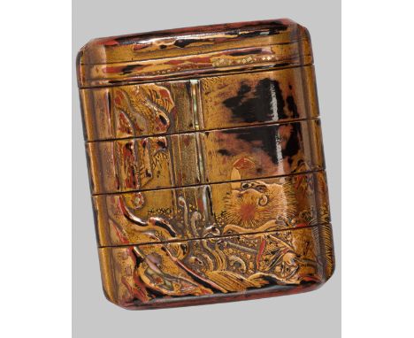 AN EARLY LACQUER FOUR-CASE INRO OF A DRUNKEN SHOJOUnsignedJapan, 17th century, Edo period (1615-1868)Of upright rectangular f