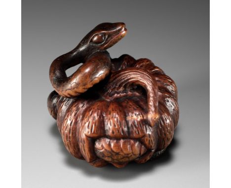 SHIGEMASA: A FINE NAGOYA SCHOOL WOOD NETSUKE OF SNAKE WINDING THROUGH A PUMPKINBy Shigemasa, signed Shigemasa 茂正 Japan, Nagoy