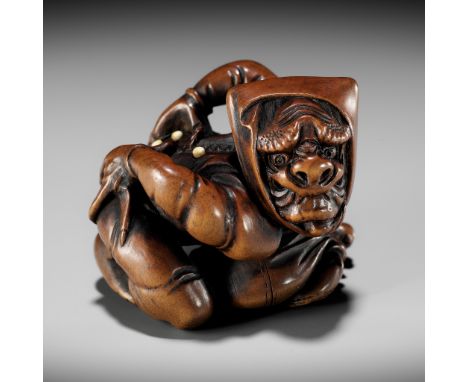 HOSHUNSAI MASAYUKI: A SUPERB INLAID WOOD NETSUKE OF AN ONI AT SETSUBUNBy Hoshunsai Masayuki, signed Masayuki 正之Japan, Edo (To