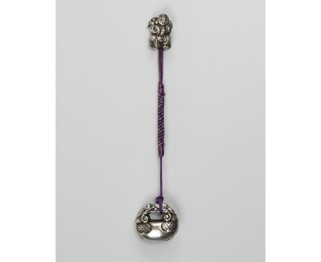 A FINE AND RARE MINIATURE SILVER SAGEMONO SETJapan, 19th centuryComprising of a miniature double dragon headed mokugyo with a