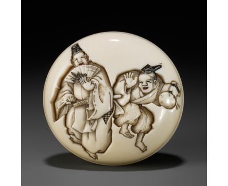 HOGYOKU: AN IVORY MANJU NETSUKE OF TWO MANZAI DANCERSBy Ikkeisai Hogyoku, signed Ikkeisai Hogyoku 一鶏齋 法玉Japan, Edo (Tokyo), m