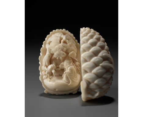 KAIGYOKU MASATSUGU: A FINE IVORY NETSUKE OF JO AND UBA INSIDE A PINECONESchool of Kaigyokusai Masatsugu (1813-1892), signed K