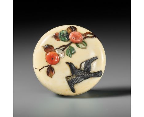 A FINE INLAID IVORY MANJU NETSUKE OF KACHO-GA TYPEUnsignedJapan, Tokyo, late 19th century, Meiji period (1868-1912)The two-pa