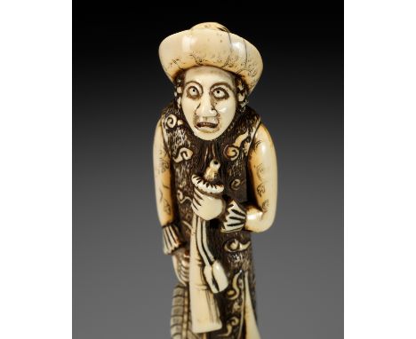 A SUPERB AND LARGE IVORY NETSUKE OF A DUTCHMAN WITH A TRUMPETUnsignedJapan, 18th century, Edo period (1615-1868)The Dutchman 