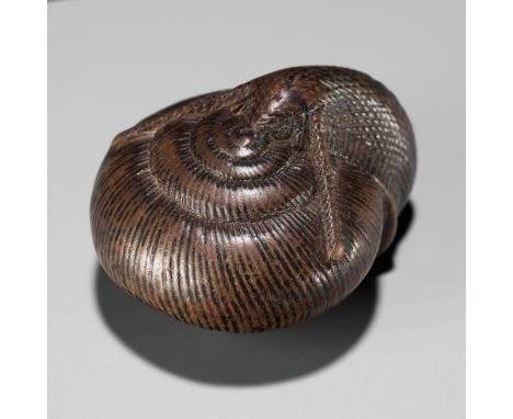 SARI: A FINE WOOD NETSUKE OF A SNAIL EMERGING FROM ITS SHELLBy Sari, signed Sari 左里Japan, Iwashiro province, c. 1800-1820, Ed