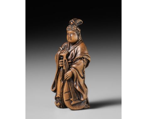 SETTEI: A VERY FINE MINIATURE WOOD NETSUKE OF BENTEN HOLDING A BIWABy Settei (Setsutei), signed Settei 雪亭 and kakihanJapan, E
