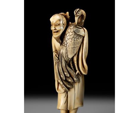 A VERY RARE AND LARGE IVORY NETSUKE OF BAIFUKU WITH HO-O BIRDUnsignedJapan, 18th century, Edo period (1615-1868)Published: Jo