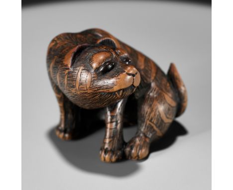 SHIGEKAZU: A FINE WOOD NETSUKE OF A TIGERBy Shigekazu, signed Shigekazu 重一Japan, Tanba Province, 19th century, Edo period (16