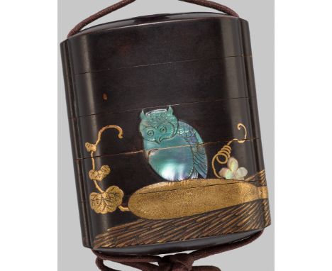 AN INLAID BLACK LACQUER FOUR-CASE INRO WITH AN OWL AND GOURDSUnsignedJapan, 19th century, Edo period (1615-1868)Of upright re