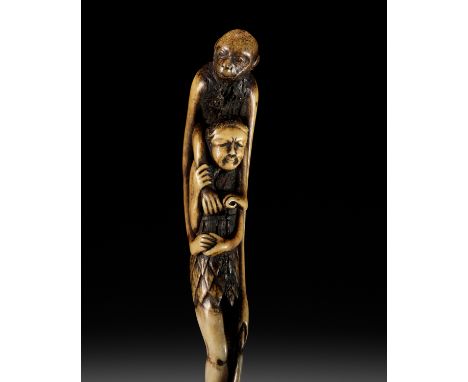 A FINE ANTLER NETSUKE OF ASHINAGA WITH A TENAGA MONKEYUnsignedJapan, 19th centuryAmusingly carved as a long-armed Tenaga monk
