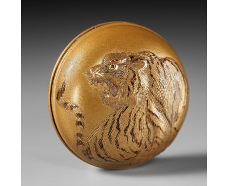 A FINE GOLD LACQUER MANJU NETSUKE OF A TIGERUnsignedJapan, Meiji (1868-1912) to Taisho period (1912-1926)The two-part manju n