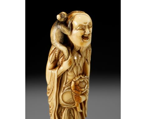 A SUPERB AND LARGE IVORY NETSUKE OF A SENNIN WITH A MONKEYUnsignedJapan, 18th century, Edo period (1615-1868)Carved standing 