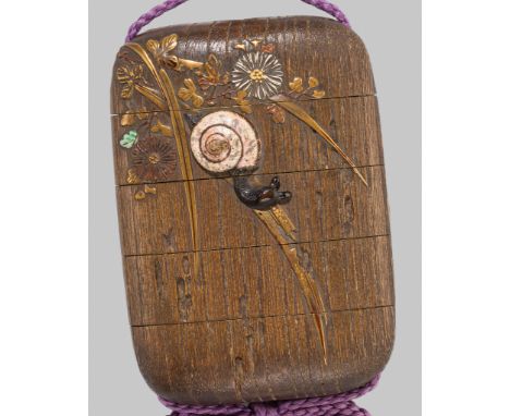 A FINE RITSUO STYLE CERAMIC-INLAID WOOD FOUR-CASE INRO WITH SNAILS AND BLOSSOMSStyle of Ogawa Haritsu (Ritsuo, 1663-1747), un