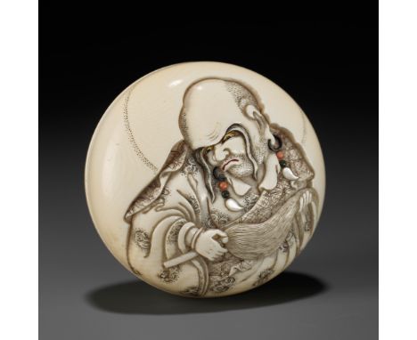 SUZUKI KOSAI: AN INLAID IVORY MANJU NETSUKE OF A RAKANBy Suzuki Kosai, signed Suzuki Kosai 寿々木孝斎 with kakihanJapan, Edo (Toky