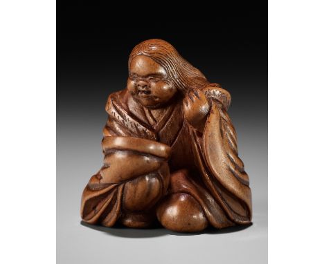 JOBUN: A VERY RARE WOOD NETSUKE OF OKAME WITH A SAKE SAUCERBy Jobun, signed Jobun 如文Japan, Edo (Tokyo), late 18th century, Ed