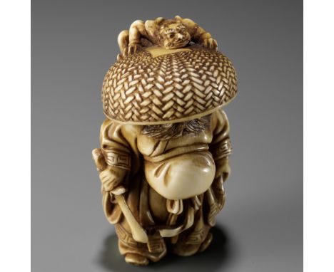 MITSUTOSHI: AN AMUSING IVORY NETSUKE OF SHOKI AND ONIBy Mitsutoshi, signed Mitsutoshi 光俊Japan, Tokyo, Meiji period (1868-1912