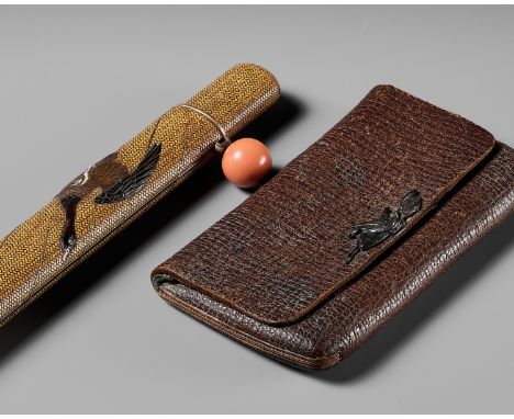 HOSAI AND ROSETSU: A SUPERB INLAID WOVEN RATTAN KISERUZUTSU WITH A GOOSE DESCENDING IN THE RAIN, WITH EN SUITE LEATHER POUCH 