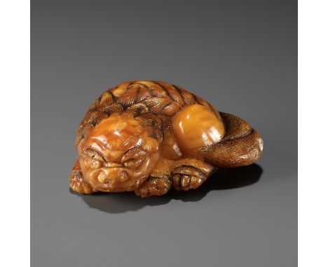 A VERY RARE CLOUDY AMBER NETSUKE OF A RECUMBENT SHISHIUnsignedJapan, 18th century, Edo period (1615-1868)Finely carved from a