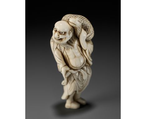 A RARE IVORY NETSUKE OF A SENNIN WITH A SNAKEUnsignedJapan, 18th century, Edo period (1615-1868)Finely carved as a standing s