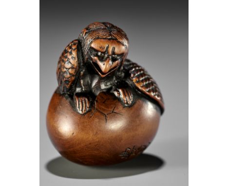 NAITO TOYOMASA: A FINE WOOD NETSUKE OF A HATCHING TENGU (TENGU NO TOMAGO)By Naito Toyomasa (1773-1856), signed Toyomasa 豊昌Jap