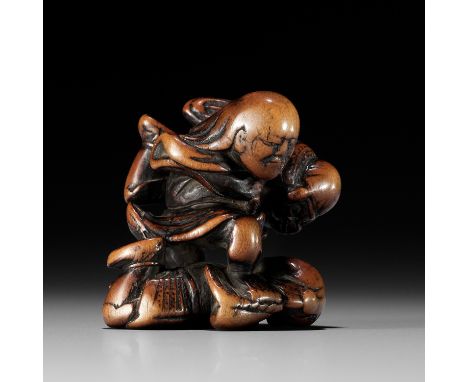 NAGAMITSU: A RARE WOOD NETSUKE OF GOBAN TADANOBUBy Nagamitsu, signed Nagamitsu 永光 saku作Japan, early 19th century, Edo period 