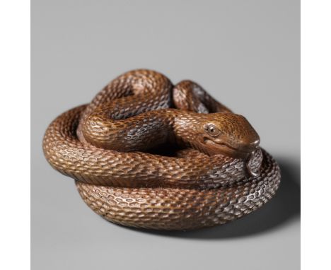 MASAKAZU: A FINE WOOD NETSUKE OF A COILED SNAKEBy Masakazu, signed Masakazu 正一Japan, Gifu or Nagoya, 19th century, Edo period