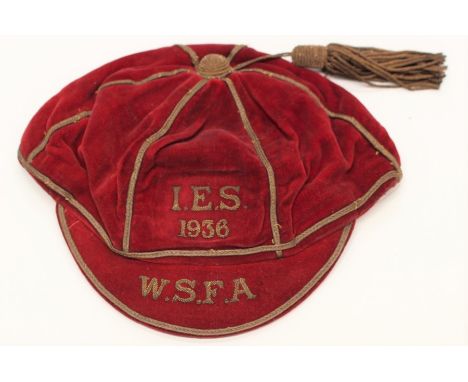 Ray Lambert: A 1936 Wales Schoolboy International Cap, awarded to Ray Lambert, stitched 'I.E.S. 1936 W.S.F.A.', R. Lambert wr