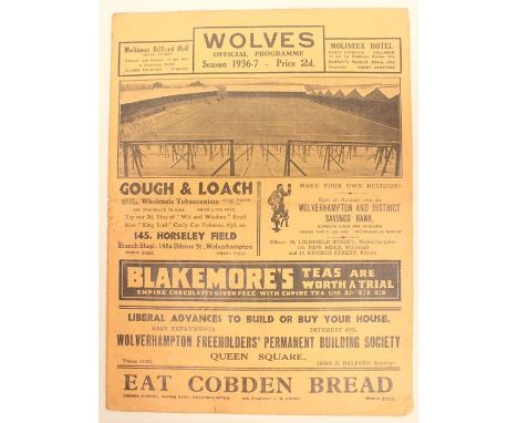 Football League: A Wolverhampton Wanderers v. Arsenal, Football League Division One programme, 19th September 1936, ex fold, 