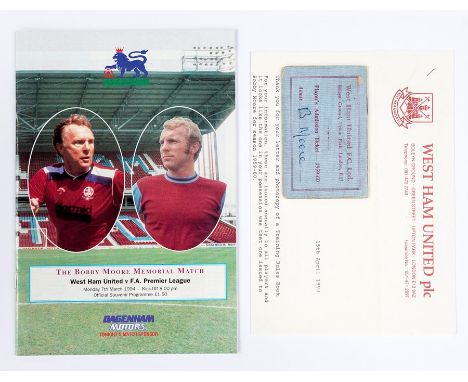 Football Memorabilia: Bobby Moore 'Player's Admission Ticket 1959-60' pass, together with a letter of authenticity and progra